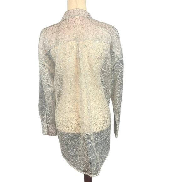 Anthropologie Metallic Lace Button Down Shirt Light Gray Silver X-Small - Picture 9 of 11